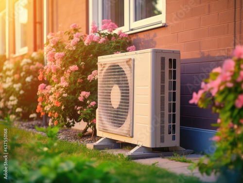 A white heat pomp exterior unit with pink flowers next to a house during the spring or summer.