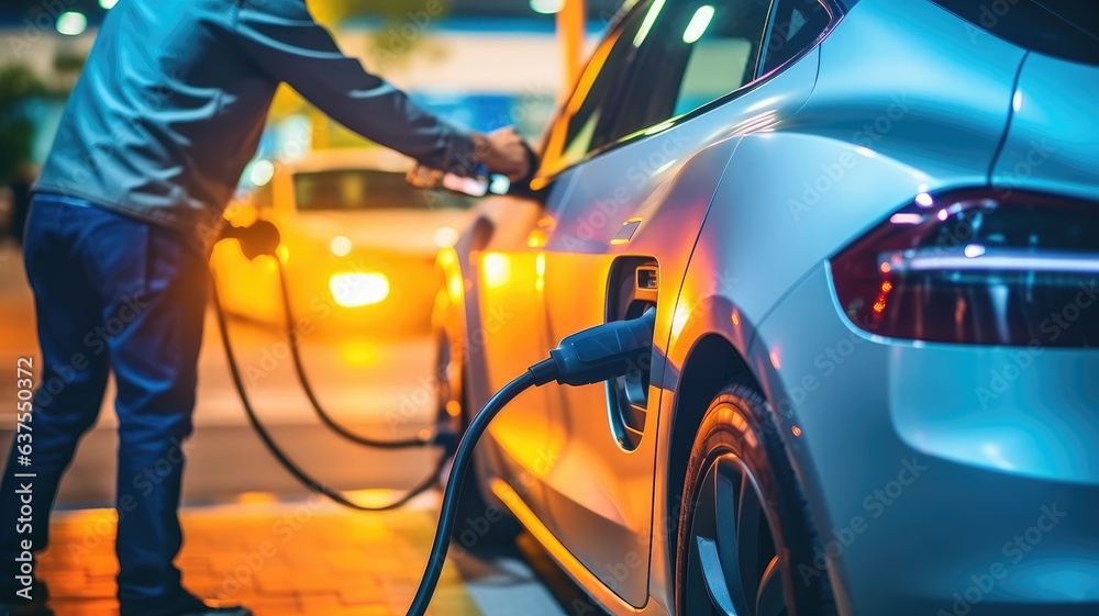 A person plugging an EV into a charging port, emphasizing the convenience of at-home and public charging options A person plugging an EV into a charging port, emphasizing the convenience of at-home and public charging options