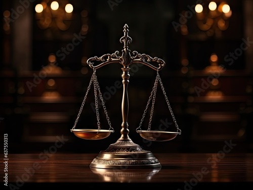 Brass scale of justice on wooden table, symbol of law and order.
