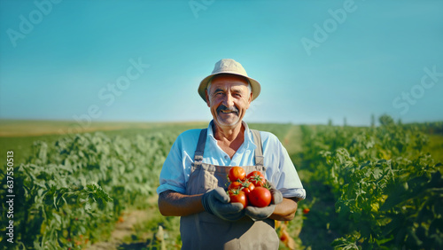 Happy elderly male farmer standing amidst tomato plants, holding ripe red tomatoes with a contented smile, proud of results of his work. Concept of organic farming