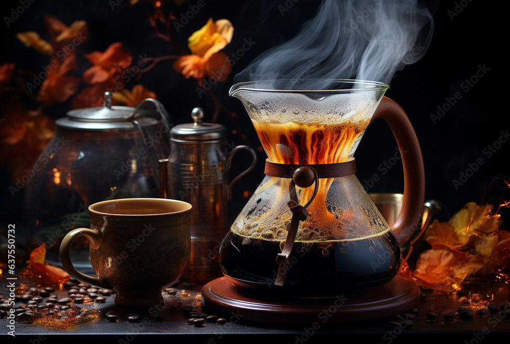 Coffee maker with liquid on table Coffee maker with liquid on table