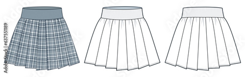 Pleat Skirt technical fashion illustration, plaid pattern. Mini Skirt fashion flat technical drawing template, pleated, rib waistband, front, back view, white, grey, women CAD mockup set.