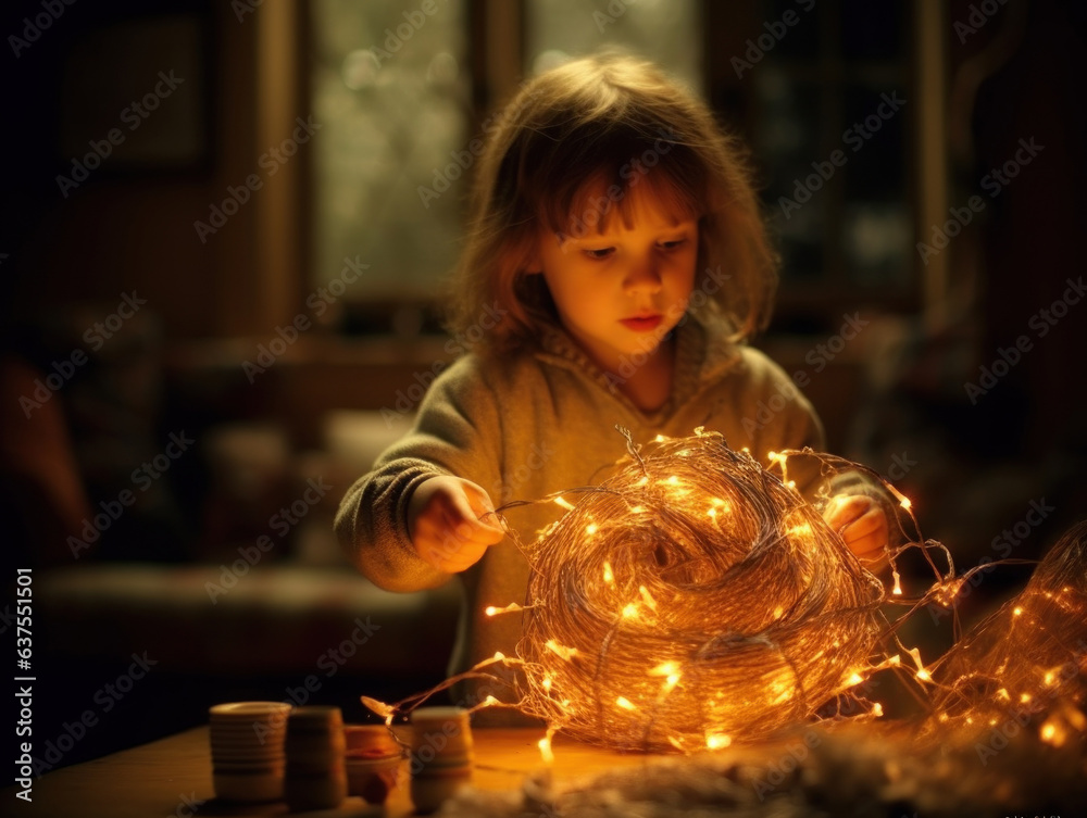 Cute little boy and Christmas garland. Kid on a holidays eve playing with blurry lights. Winter holidays theme