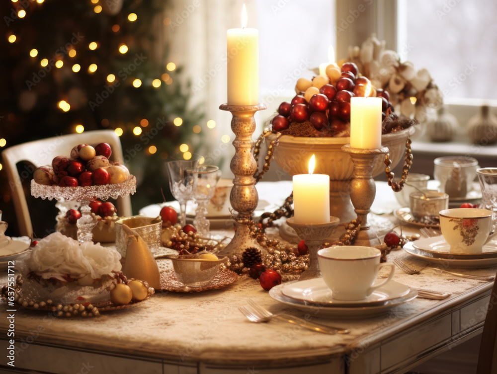 Beautiful served table with decorations and candles. Christmas dinner setting in a cozy dining room. Winter holidays and celebration concept of festive party