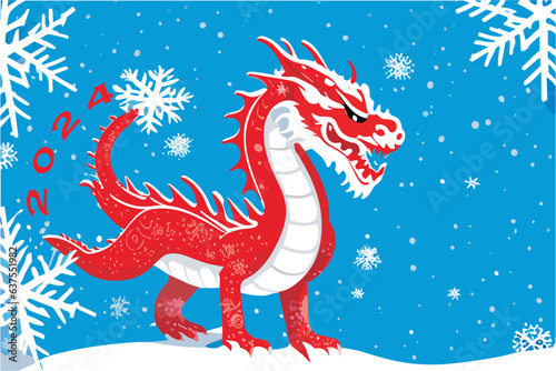 Vector New Year's chinese red dragon isolated on a blue background with snowflakes. The symbol of 2024.  Happy new year. © TKalinovskaya