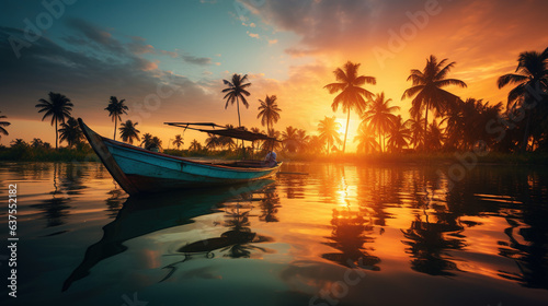 sunset over the river, fishing boat