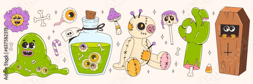 Groovy retro halloween sticker set. Funky cartoon characters and elements. Zombie hand, slime, potion, coffin, voodoo doll. Happy Halloween. Trendy retro vector illustration in cartoon 70s-80s style.