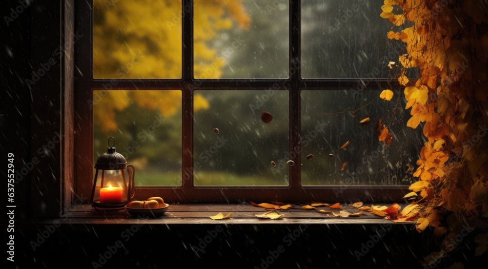 A lantern sitting on a window sill in the rain