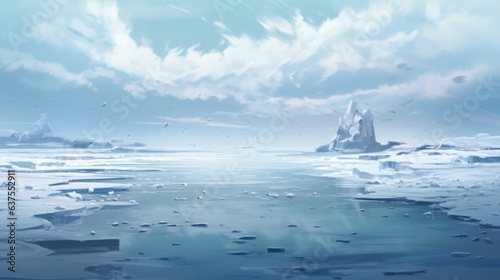 A painting of a frozen lake with icebergs in the background