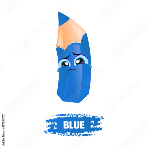 Cute Blue Funny Sad Pencil. Education concept. Crying blue crayon. Sad blue school pencil.