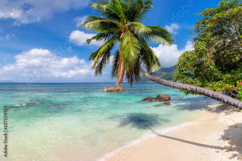 Exotic Sunny beach  coconut palms and turquoise sea in Seychelles. Summer vacation and tropical beach concept.
