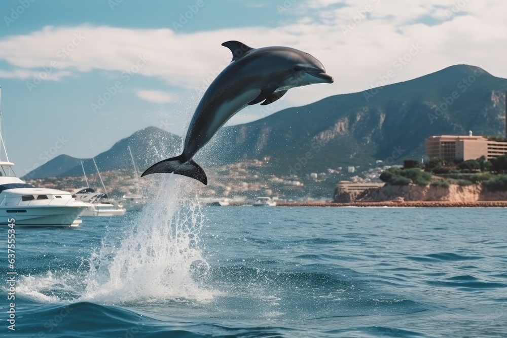 Fototapeta premium Dolphin jump in the blue sea in a picturesque place
