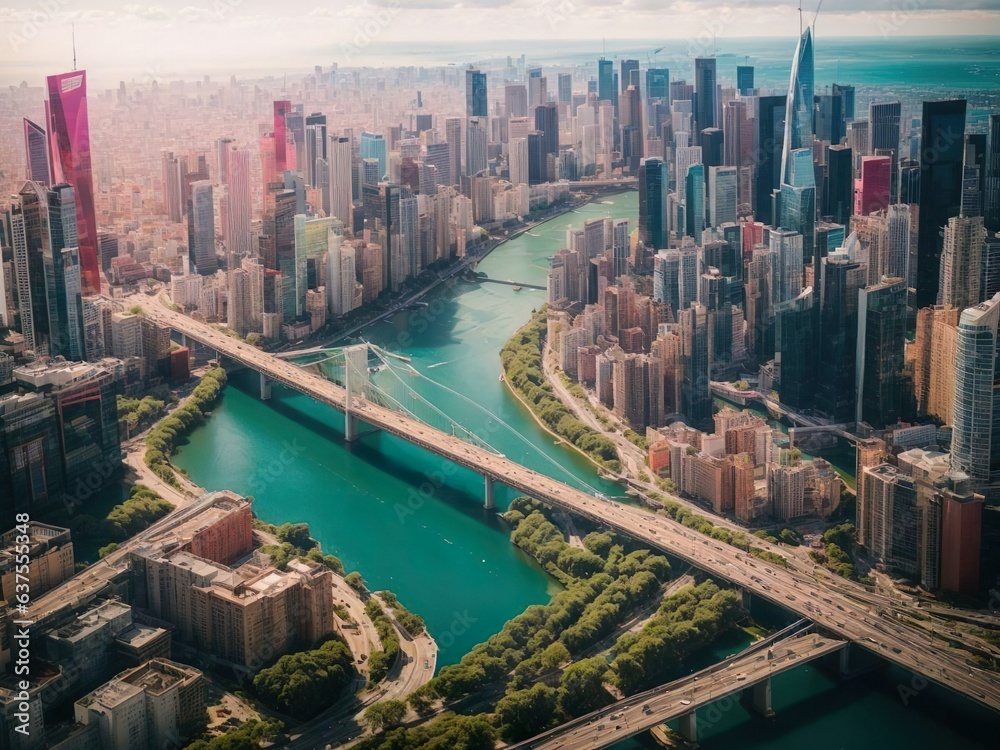 Wanderlust and travel. A breathtaking aerial shot of a vibrant cityscape, showcasing skyscrapers, bridges, and urban life from a unique perspective.