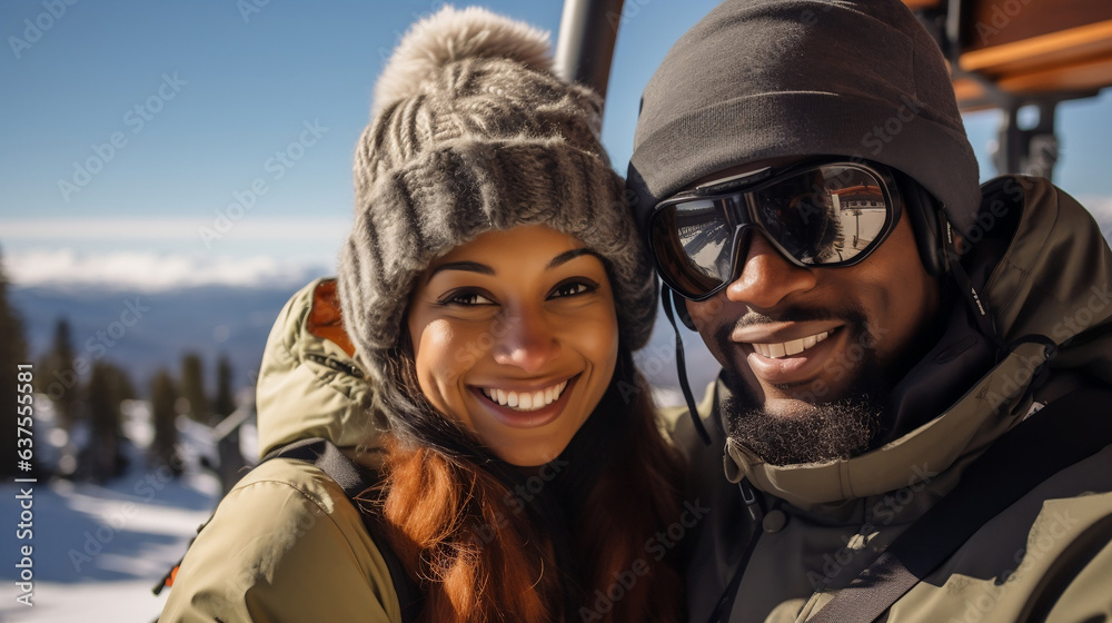 A black African American couple on a gondola or cable car at a ski resort snowy mountain landscape background winter snow cold Christmas season