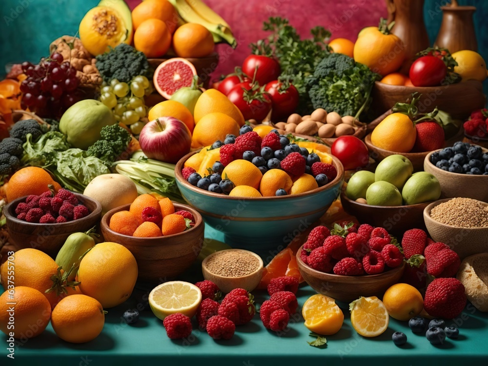 A huge table full of plates with various berries and fruits. The abundance of the harvest of summer and warm countries. Healthy lifestyle and healthy food A huge table full of plates with various berries and fruits. The abundance of the harvest of summer and warm countries. Healthy lifestyle and healthy food