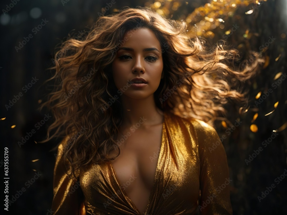 Portrait in the background lighting of a very beautiful girl with long hair in a gold dress