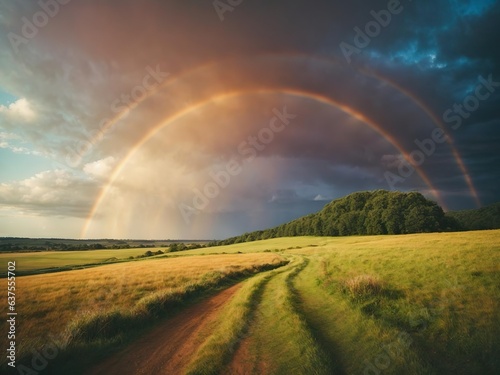 the landscape of the field after the rain is a huge rainbow and the magic of light in nature © Elena