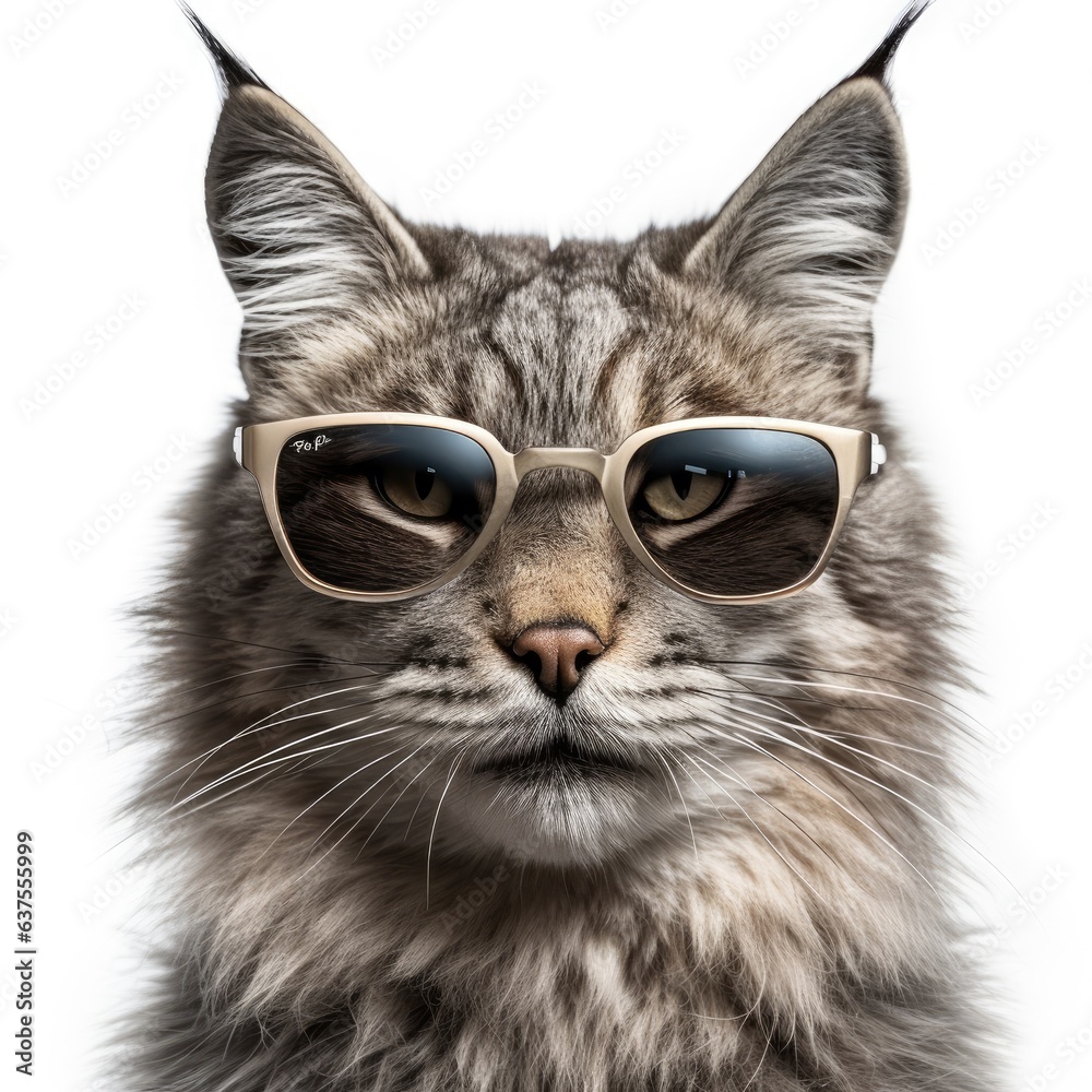 close-up of Canada Lynx with sunglasses on white background