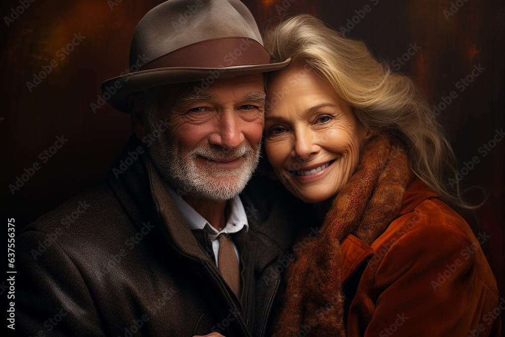 Portrait of a happy elderly couple in nature. They are sitting on a bench and smiling. Portrait of a happy elderly couple in nature. They are sitting on a bench and smiling.