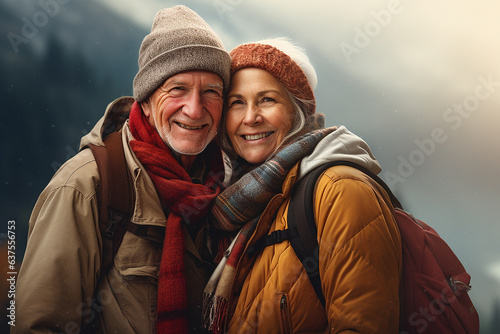 Portrait of a happy elderly couple in nature. They are sitting on a bench and smiling.