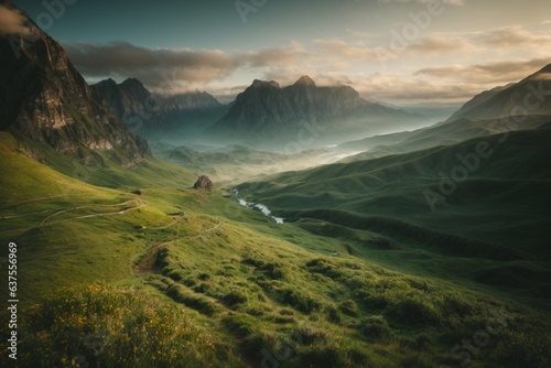 Hilly landscape. Mountain ranges on a sunny day