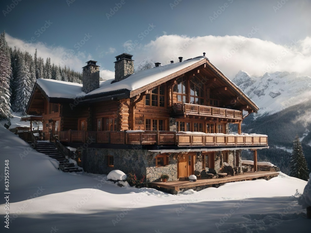 Wanderlust and travel. Snowy Mountain Chalet: A cozy mountain chalet nestled in a snowy landscape, showcasing the appeal of winter getaways and mountain retreats.