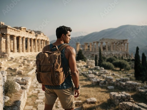 Wanderlust and travel. Exploring Ancient Ruins  A traveler exploring ancient ruins like Machu Picchu or Petra  illustrating the allure of history and the desire to uncover hidden stories.