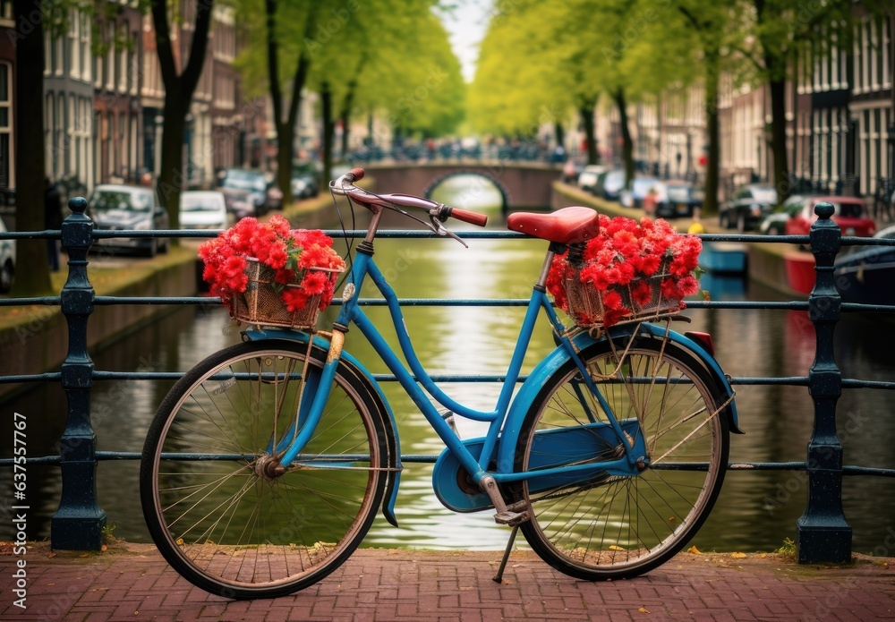 bicycles on a bridge near a canal in the amsterdam old district Generative AI