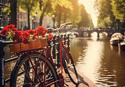 red bicycles along the railing with flower gardens and canal in amsterdam Generative AI