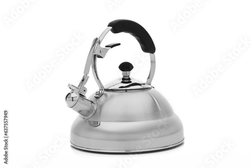 stainless steel kitchen teapot on white background