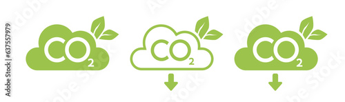 CO2 emission reduction neutrality concept icon set. Cloud shape banners with zero footprint, CO2 neutral. Green eco friendly stop global warming. Vector