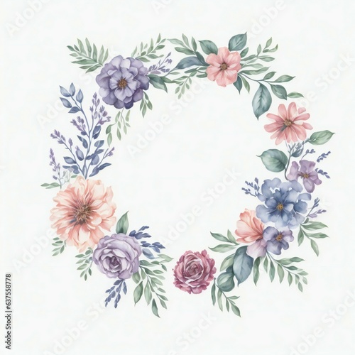 A watercolor wreath with flowers and leaves on white background