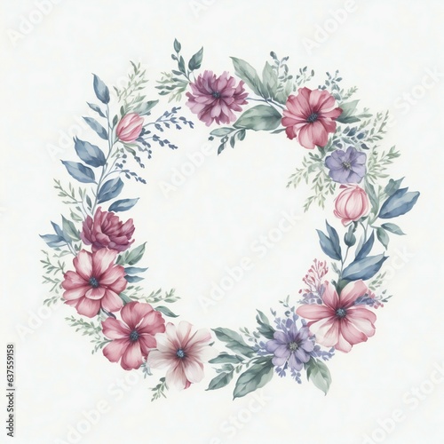 A watercolor wreath with flowers and leaves on white background © Ipixeler