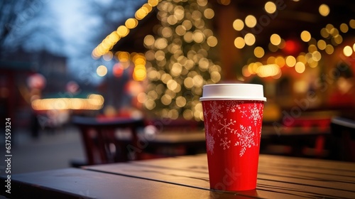 Christmas drink. A cup of hot chocolate on an empty table against the background of street festive lights. Design ai