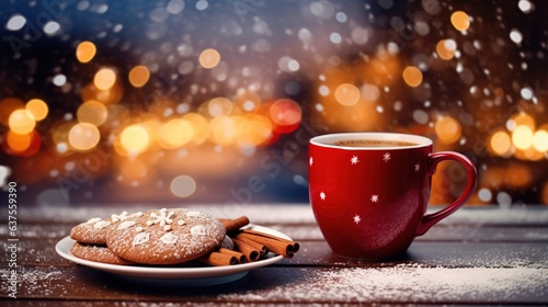 Merry Christmas and happy holidays, a cup of hot drink and cookies on the background of the lights of the Christmas market. AI design