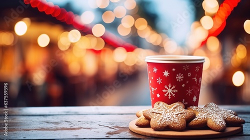 Merry Christmas and happy holidays, a cup of hot drink and cookies on the background of the lights of the Christmas market. AI design