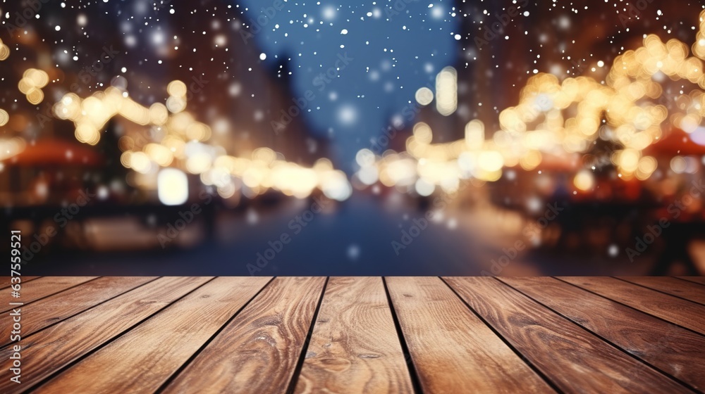 Empty wooden table top with defocused bokeh Christmas Fair lights background. Template for product display. Design ai Empty wooden table top with defocused bokeh Christmas Fair lights background. Template for product display. Design ai