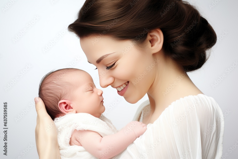 Young mother lovingly cradles her newborn baby in her arms Young mother lovingly cradles her newborn baby in her arms