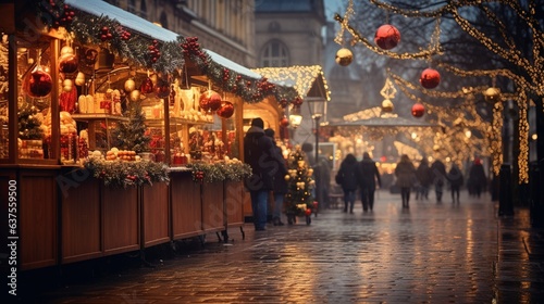 Christmas market at night street and holiday lights. Christmas shopping. Design ai © Irina Sharnina