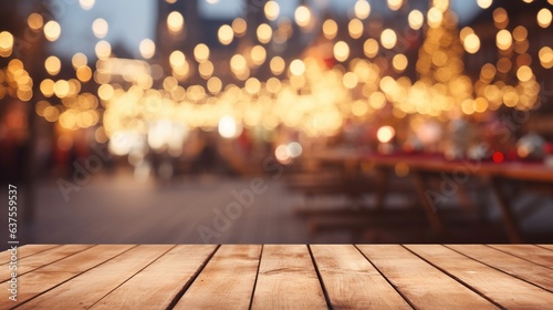 Empty wooden table top with defocused bokeh Christmas Fair lights background. Template for product display. Design ai