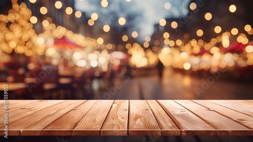 Empty wooden table top with defocused bokeh Christmas Fair lights background. Template for product display. Design ai