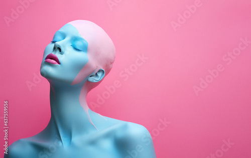 A minimal blue pink portrait of a doll with paint pouring over it. Abstract fashion surreal creative artistic two color concept.