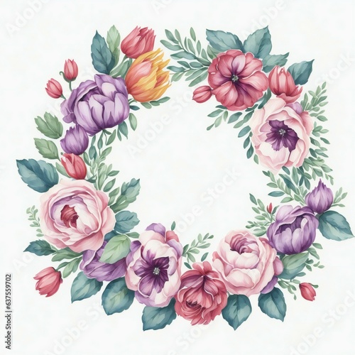 A watercolor wreath with flowers and leaves on white background