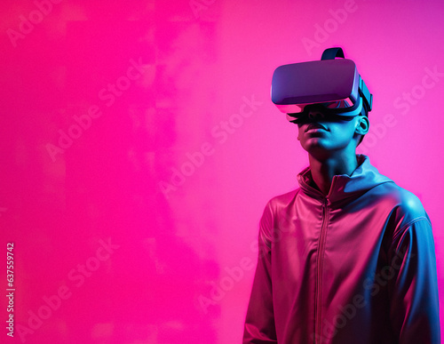 Futuristic minimal cyber neon portrait of young man wearing VR glasses, life in virtual reality. Technological progress and the use of artificial intelligence. © Uncanny Valley
