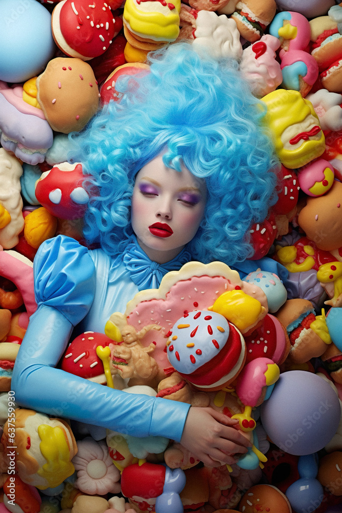 Abstract colorful portrait of a young beautiful girl with a pile of unhealthy tasty food, sweet glazed dessert, delicious donuts. Candy factory.