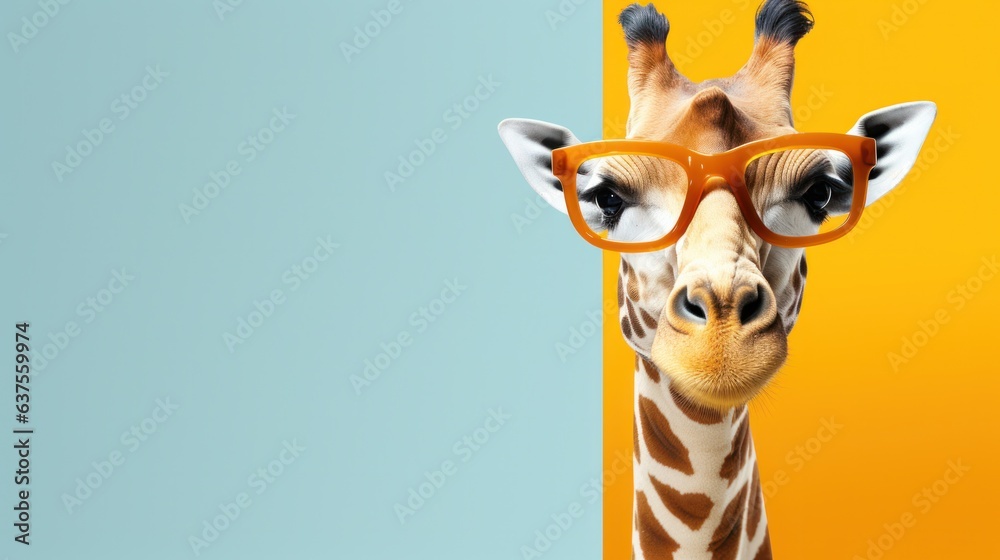 Giraffe wearing glasses on a solid color background