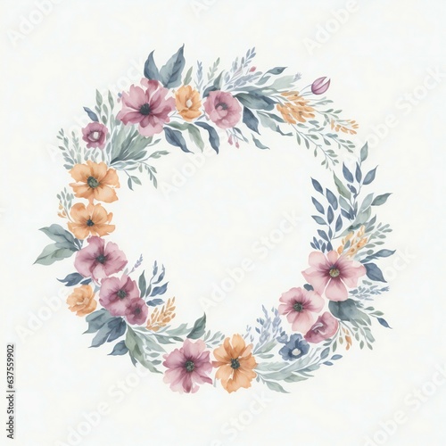 A watercolor wreath with flowers and leaves on white background