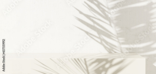 Blank minimal white counter podium, soft beautiful dappled sunlight, tropical palm foliage leaf shadow on wall for luxury hygiene organic cosmetic, skincare, beauty treatment product background 3D