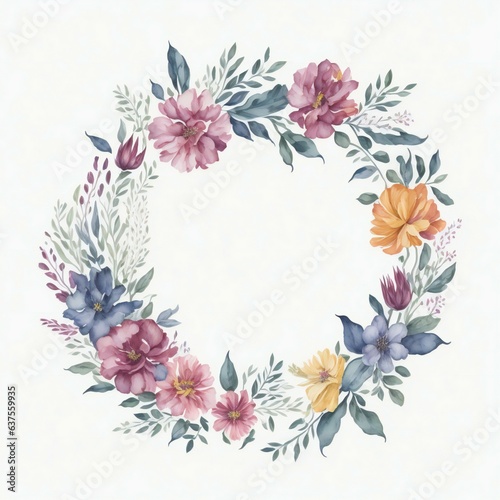 A watercolor wreath with flowers and leaves on white background © Ipixeler