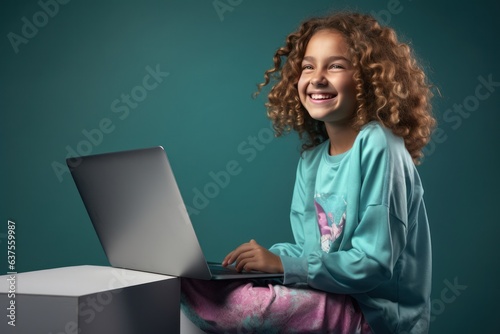 Girl is sitting up and smiling while using her computer with laptop
